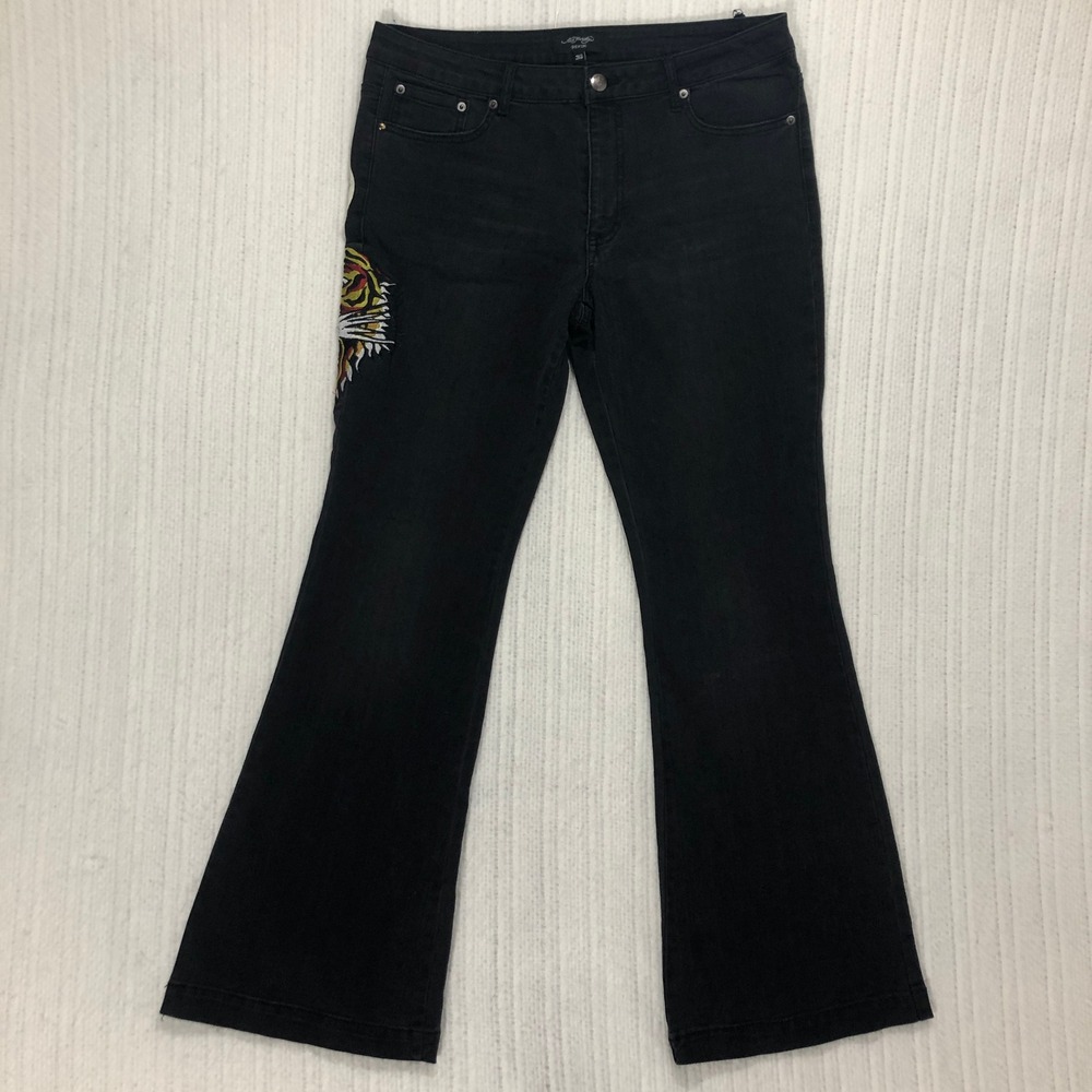 Ed Hardy Black Tiger Embroidered Flare Jeans‎ Y2K Logo WEHD8400-1 Mens 32